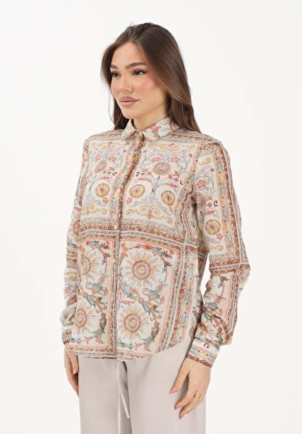 BEJ DESENLİ KADIN GÖMLEK