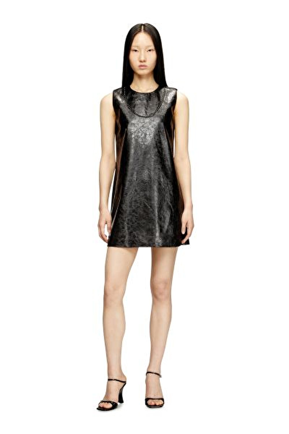 SİYAH LOGOLU KADIN SUNİ DERİ ELBİSE