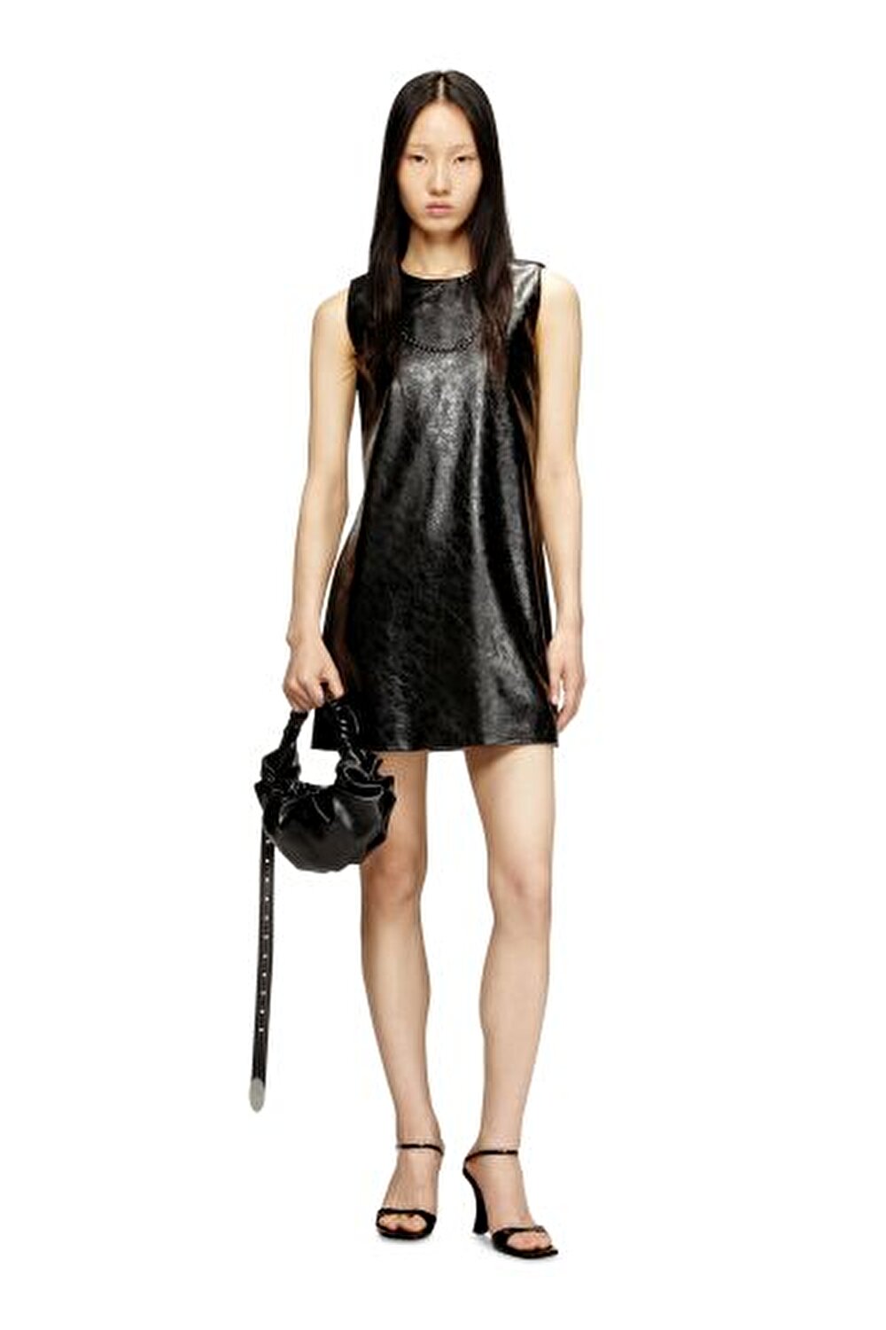 SİYAH LOGOLU KADIN SUNİ DERİ ELBİSE