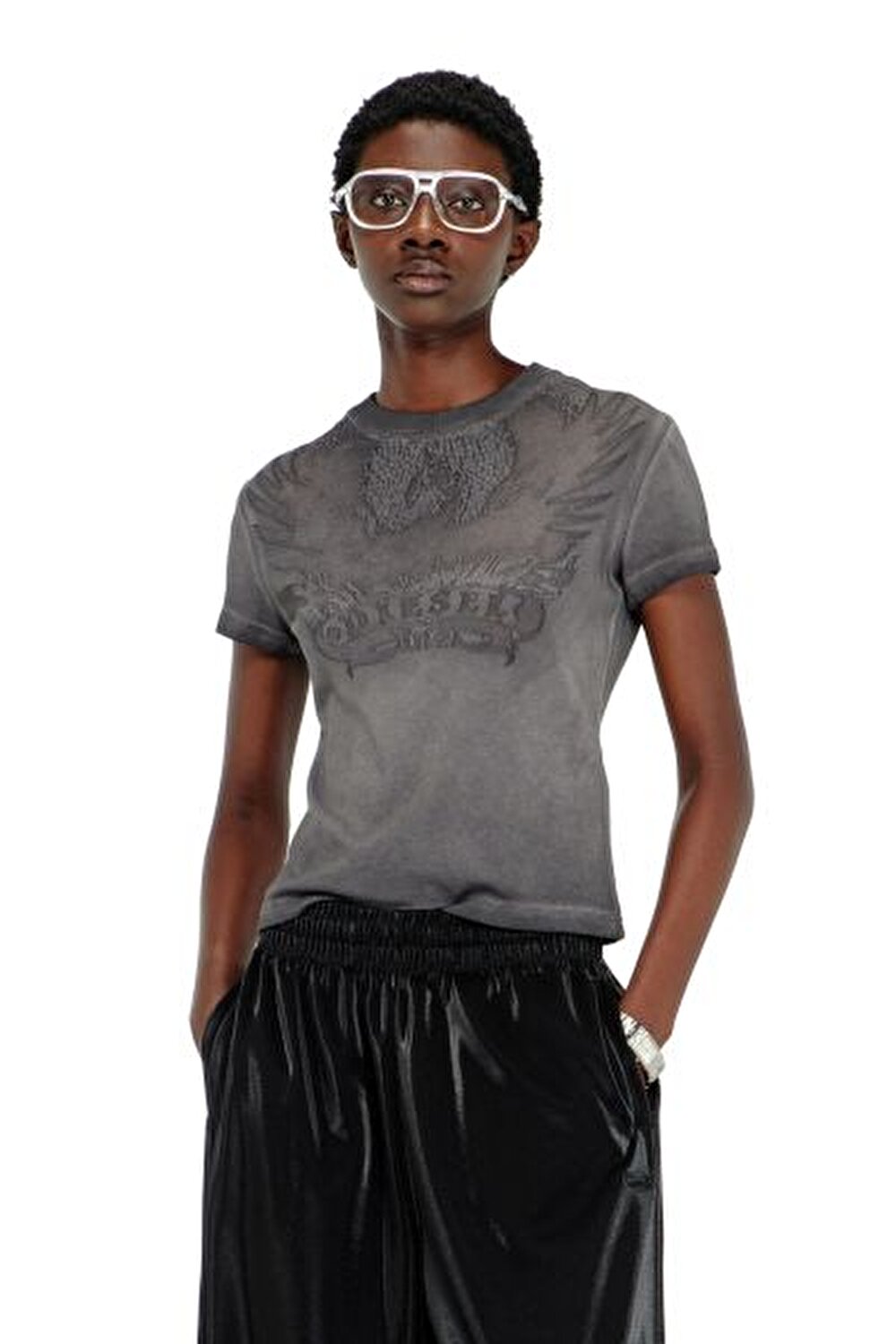 GRİ KADIN İŞLEMELİ SLIM T-SHIRT