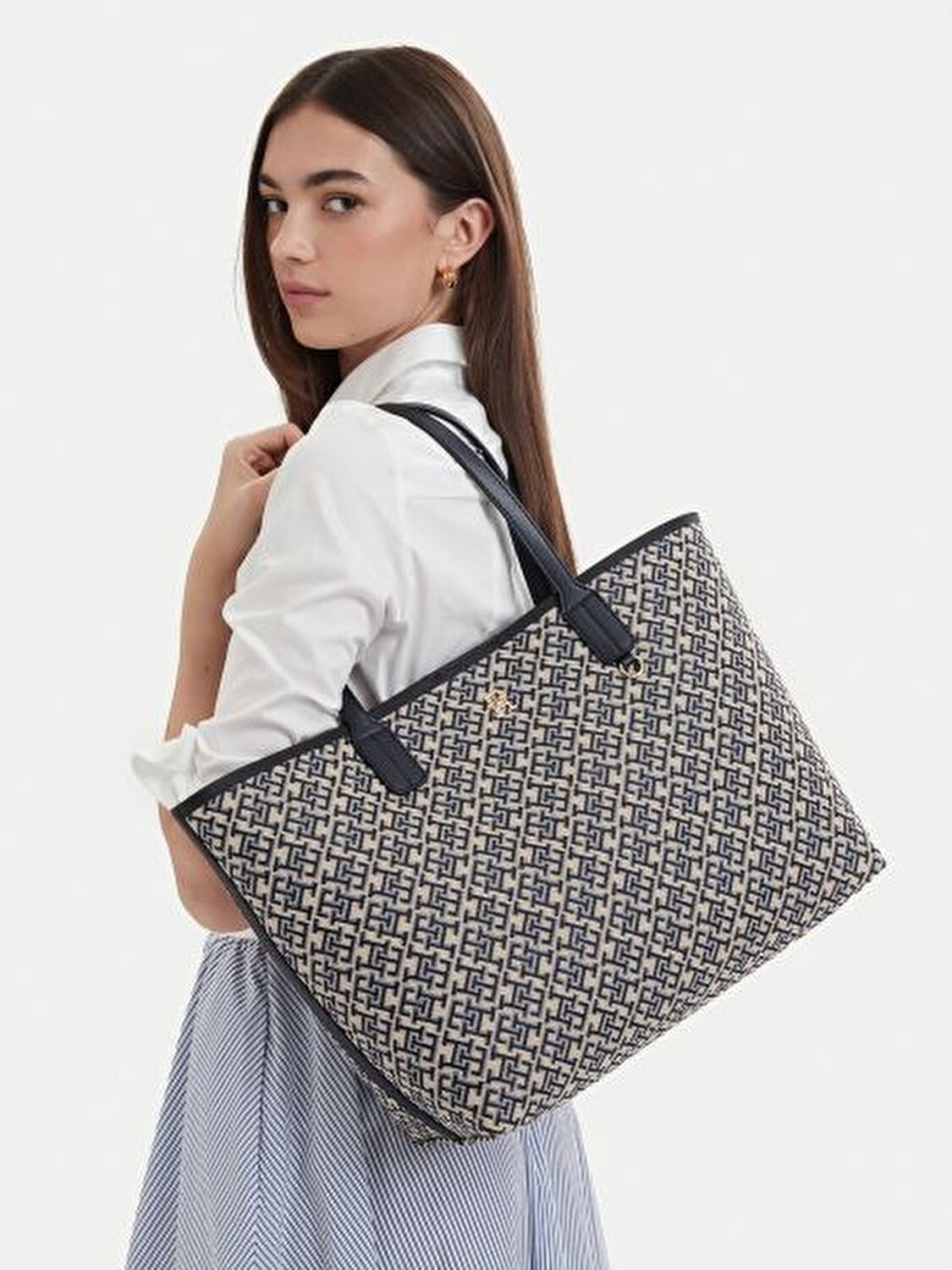 TH ICON JACQUARD LACİVERT KADIN TOTE ÇANTA