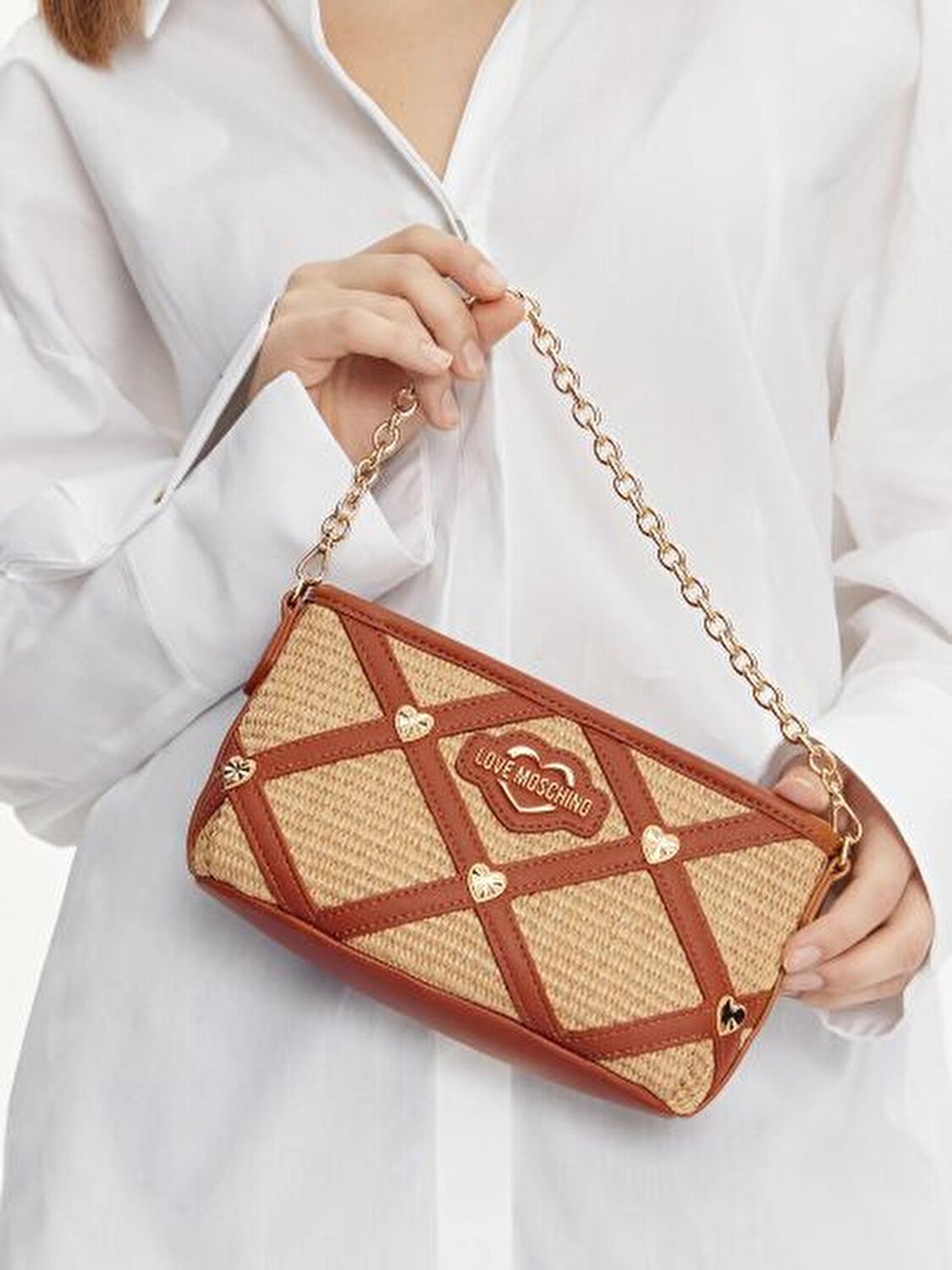BORSA RAFFIA NAT+PU CUOIO+STUDS ORO