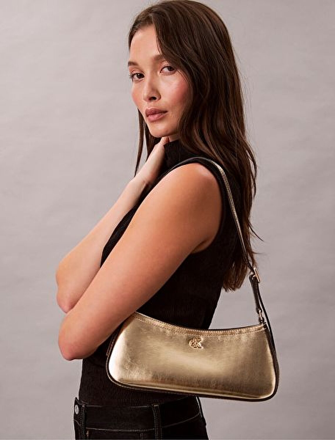 MONOGRAM METALİK GOLD KADIN OMUZ ÇANTASI