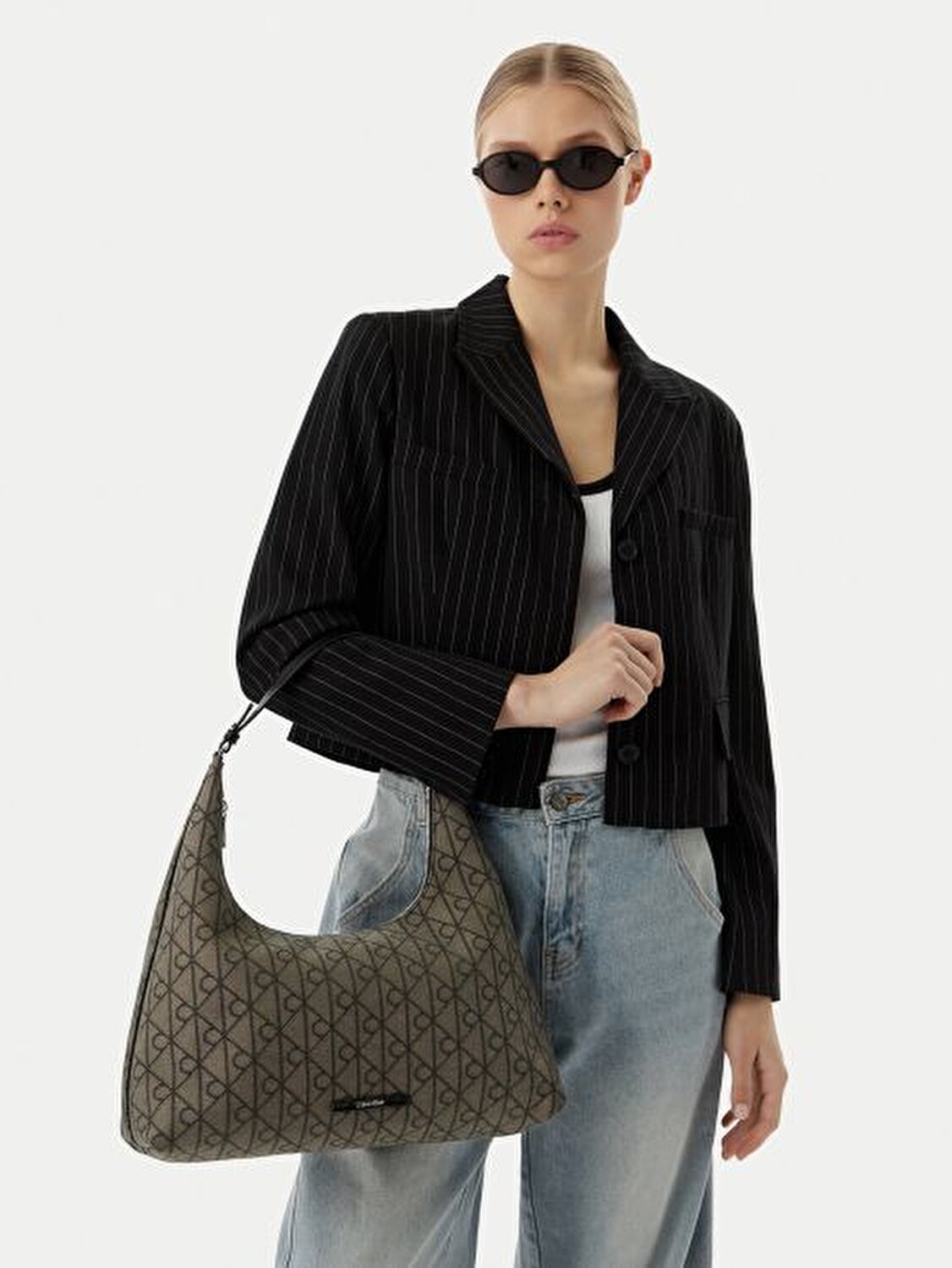 EMBLEM JACQUARD ANTRASİT KADIN OMUZ ÇANTASI