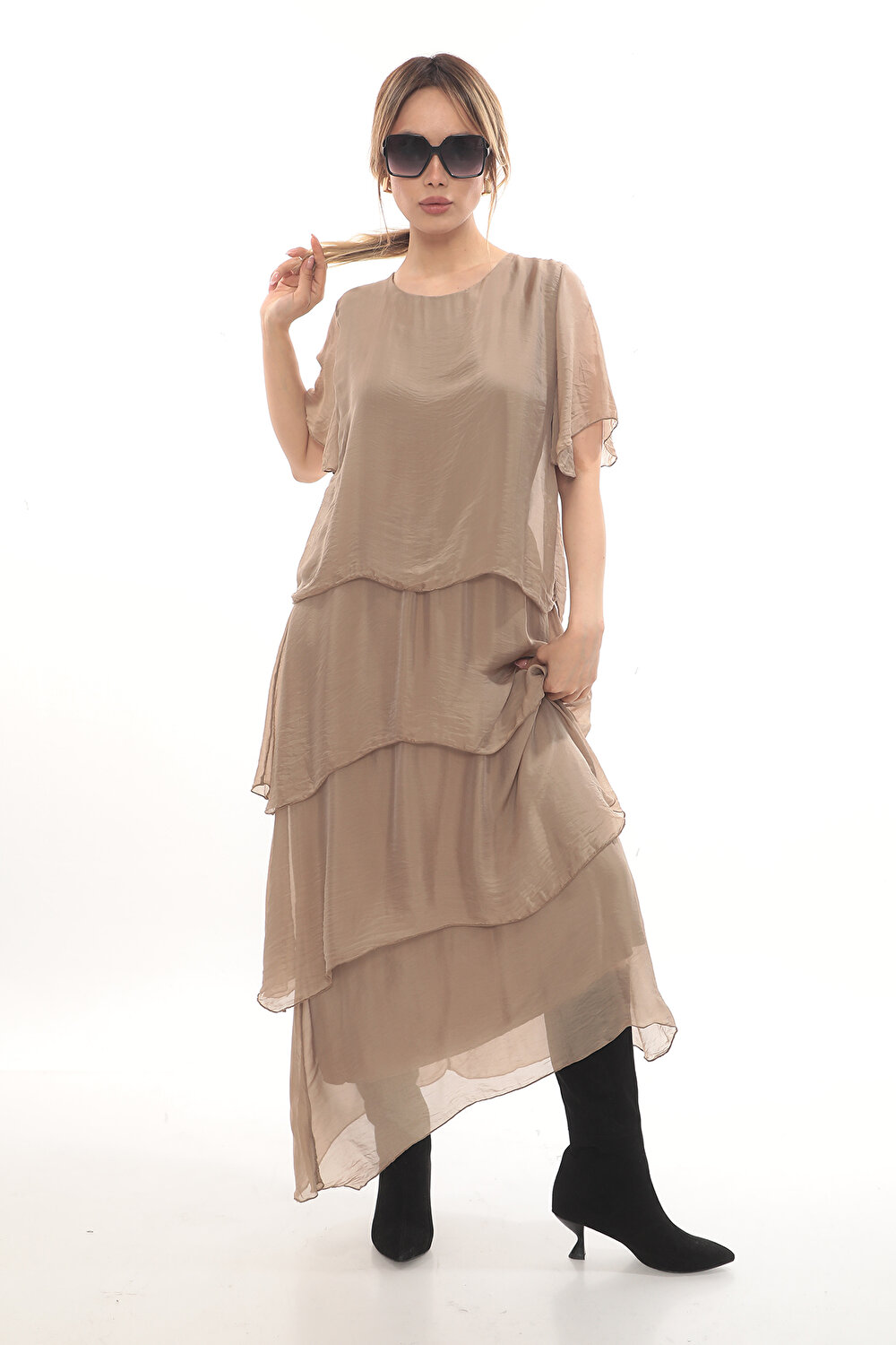 CAMEL KISA KOL KADIN ELBİSE