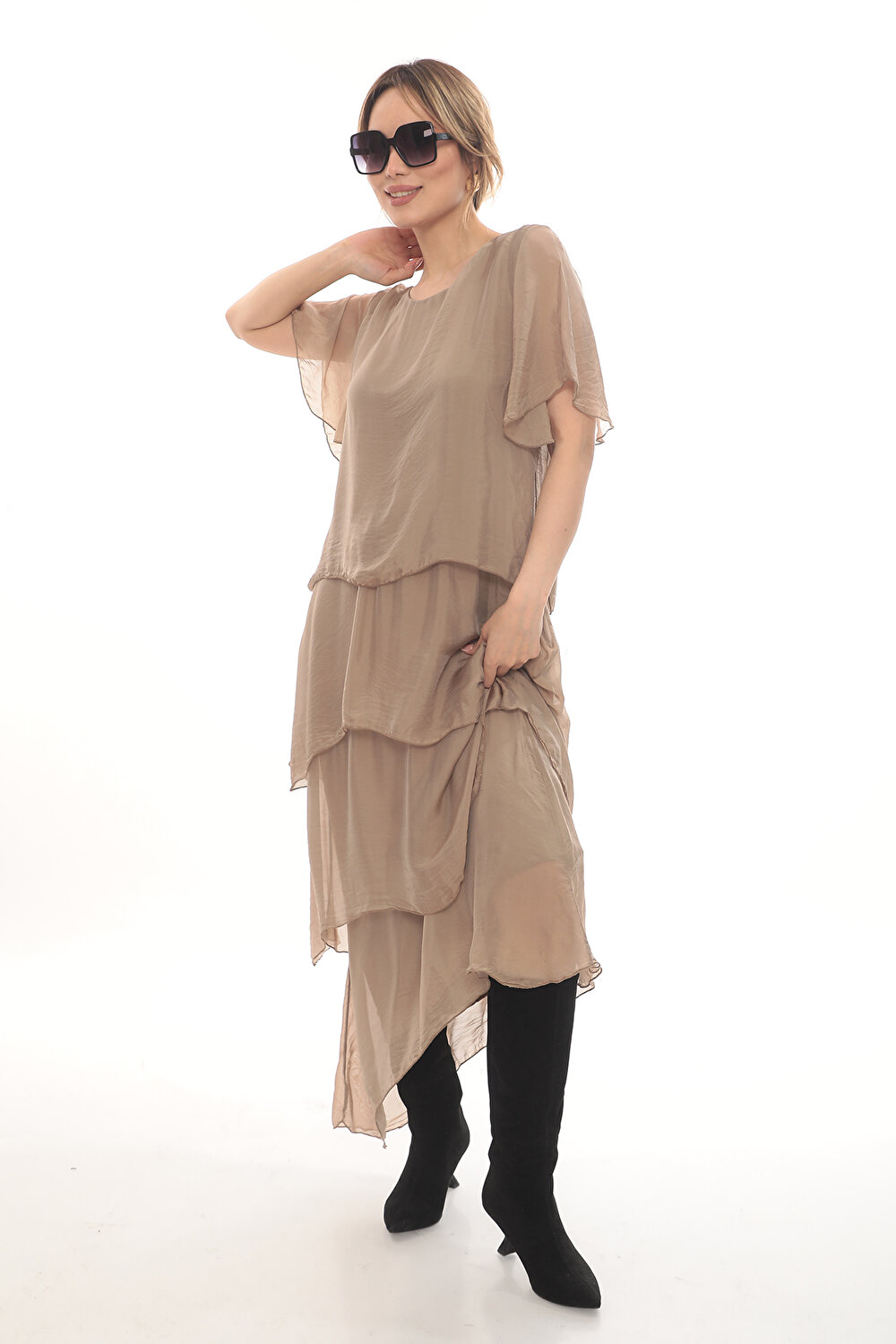 CAMEL KISA KOL KADIN ELBİSE