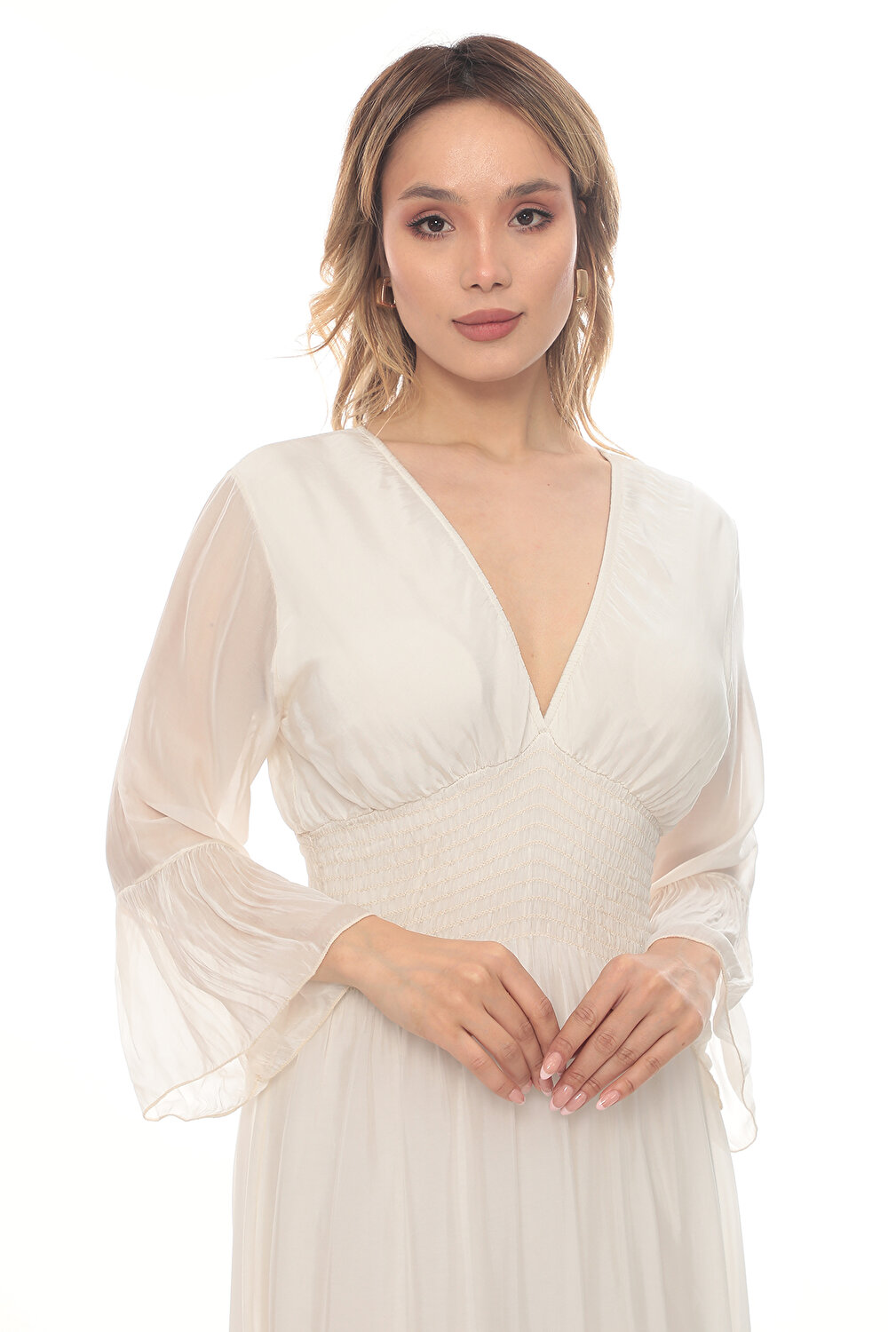 BEJ V YAKA UZUN KOL KADIN ELBİSE