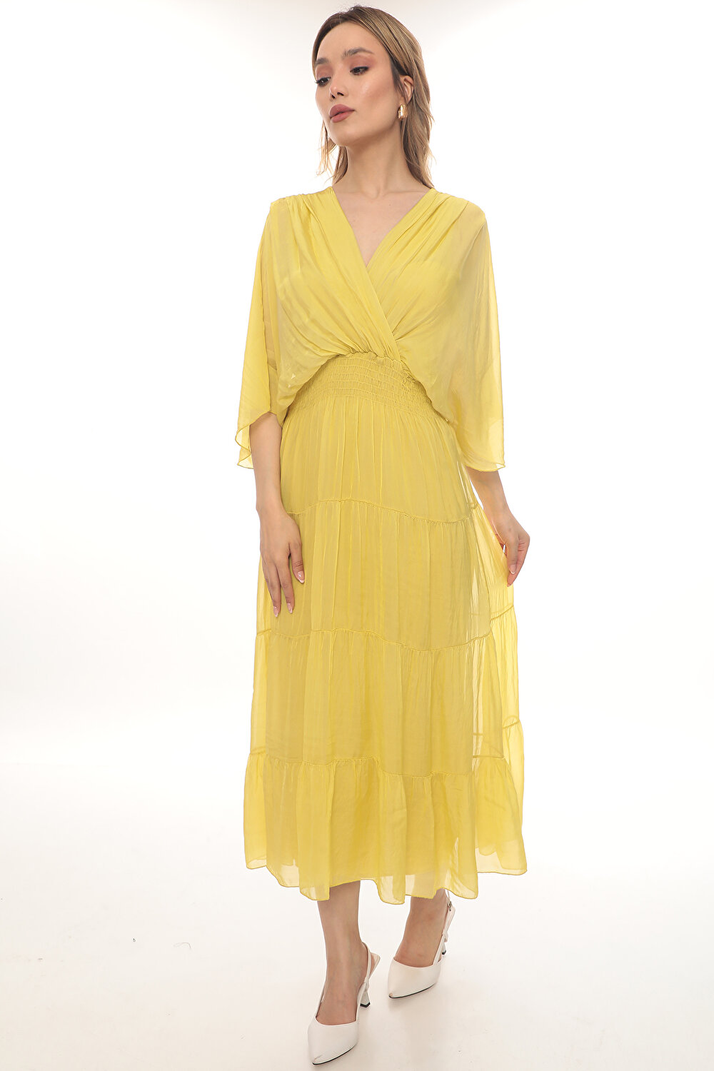 SARI V YAKA KADIN ELBİSE