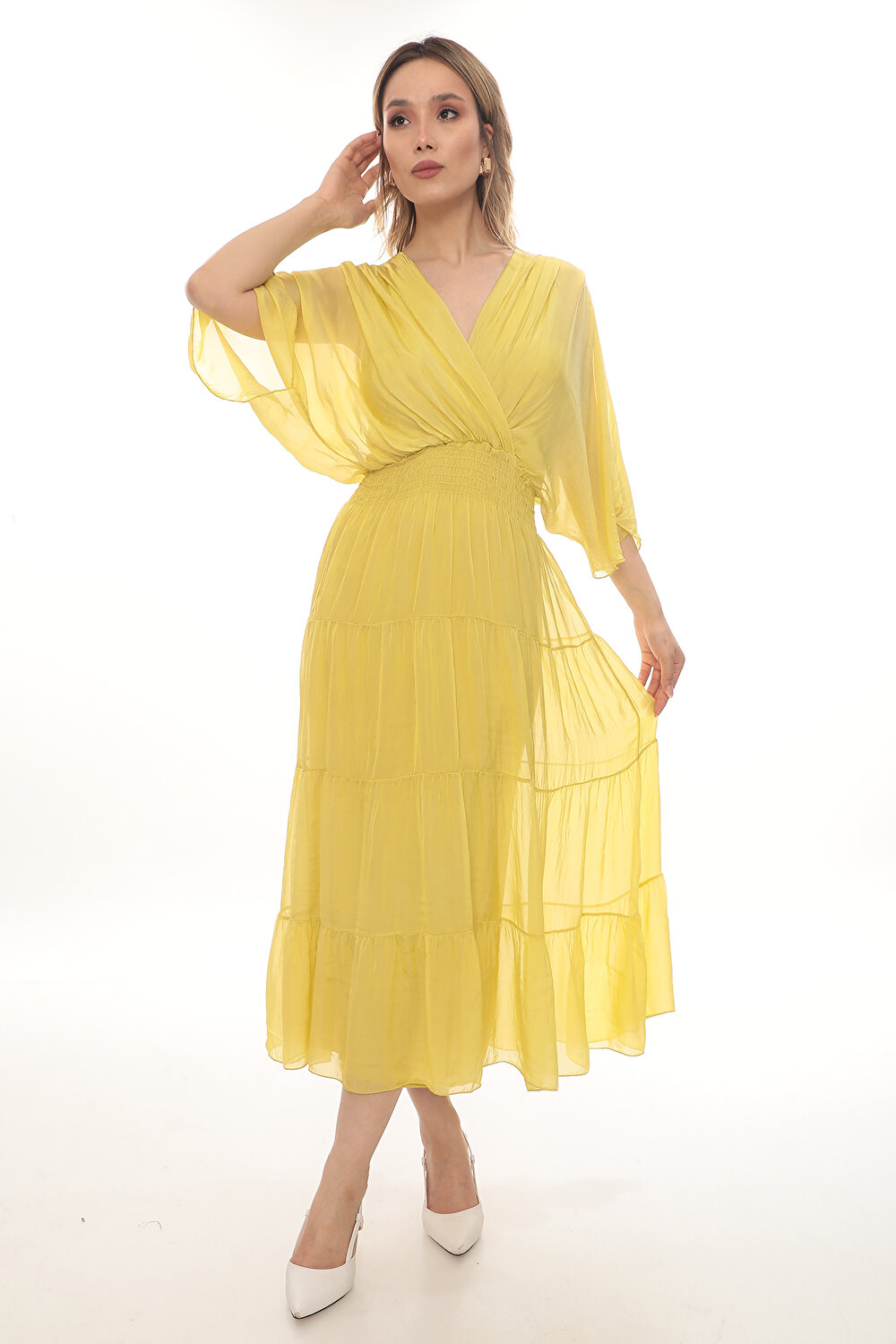 SARI V YAKA KADIN ELBİSE