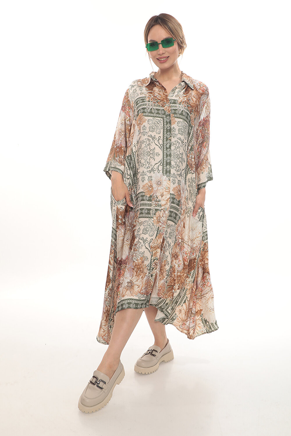 DESENLİ GÖMLEK YAKA KADIN ELBİSE