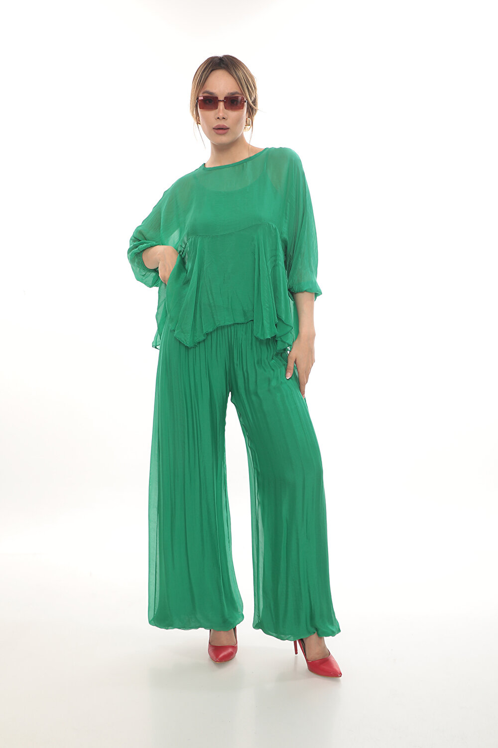 YEŞİL KADIN GENİŞ PAÇA PANTOLON