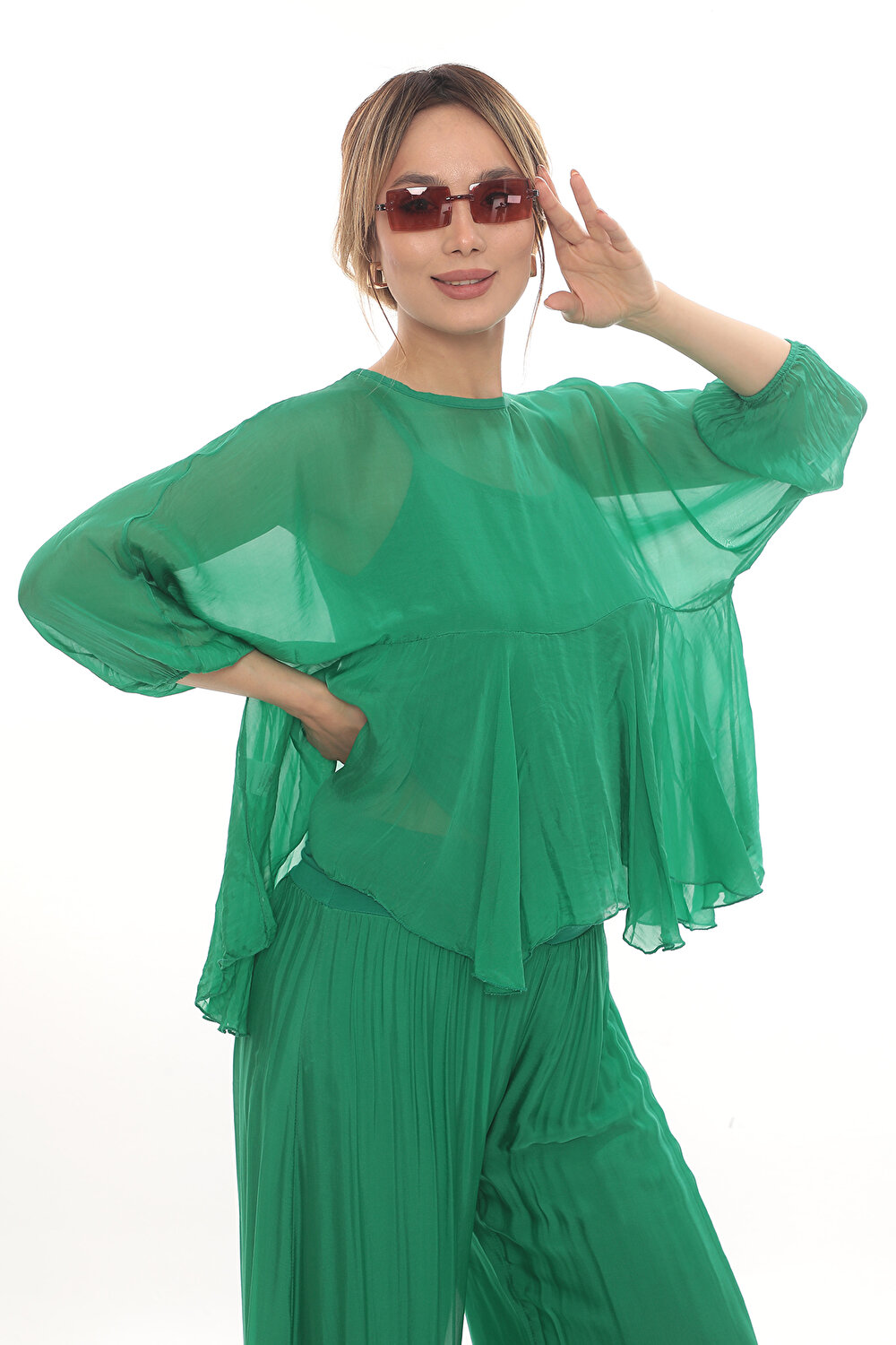 YEŞİL UZUN KOL KADIN BLUZ