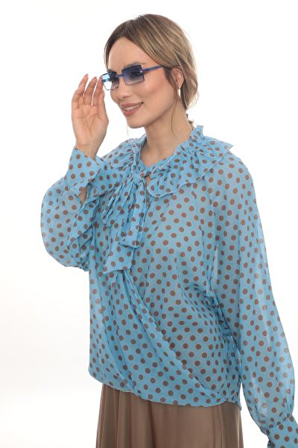 MAVİ PUANTİYELİ KADIN BLUZ