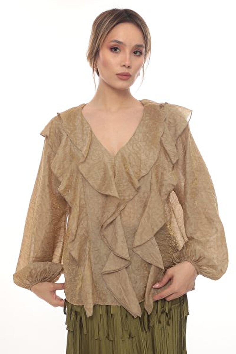 CAMEL V YAKA UZUN KOL KADIN BLUZ