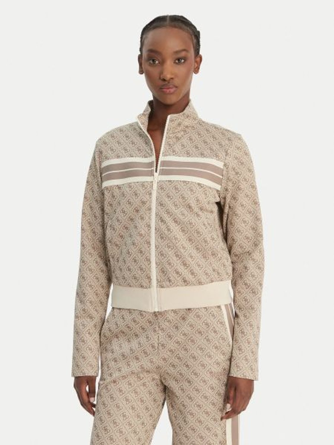 BEJ LOGOLU DESENLİ FERMUARLI KADIN SWEATSHIRT
