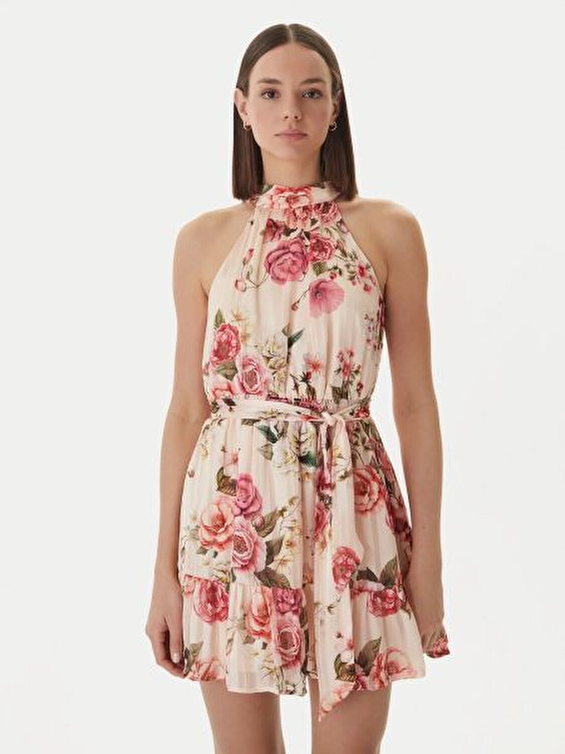 BEJ ÇİÇEK DESENLİ KADIN ELBİSE