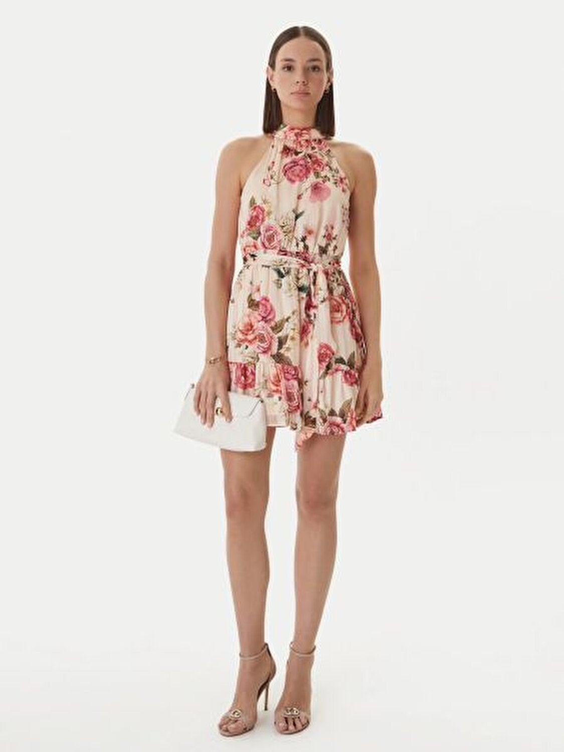 BEJ ÇİÇEK DESENLİ KADIN ELBİSE