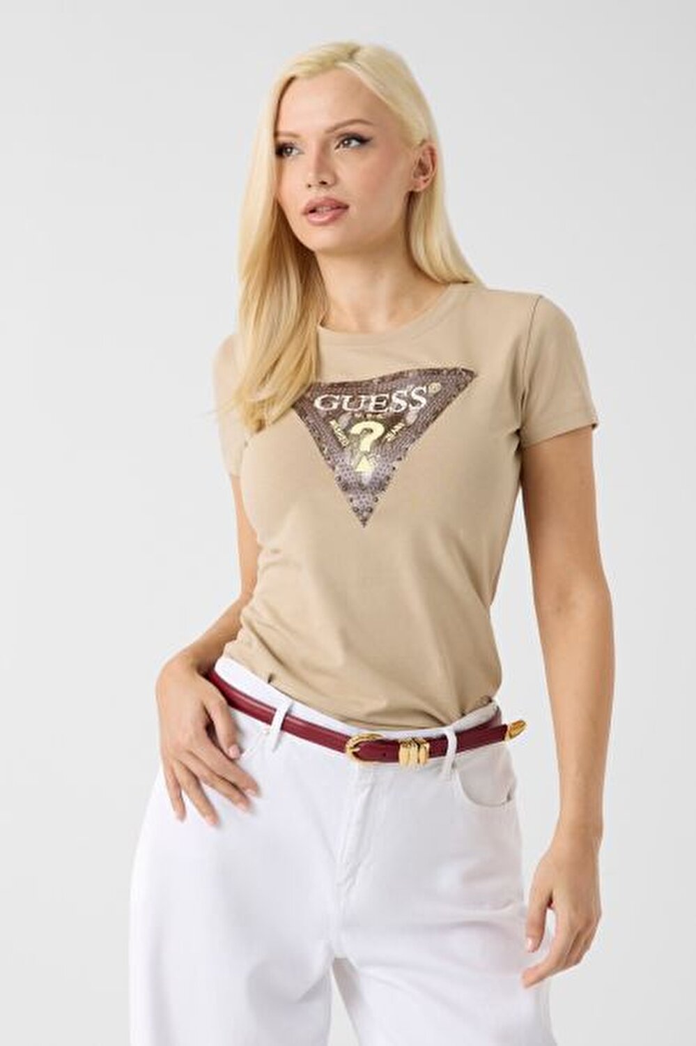 BEJ LOGOLU KADIN T-SHIRT