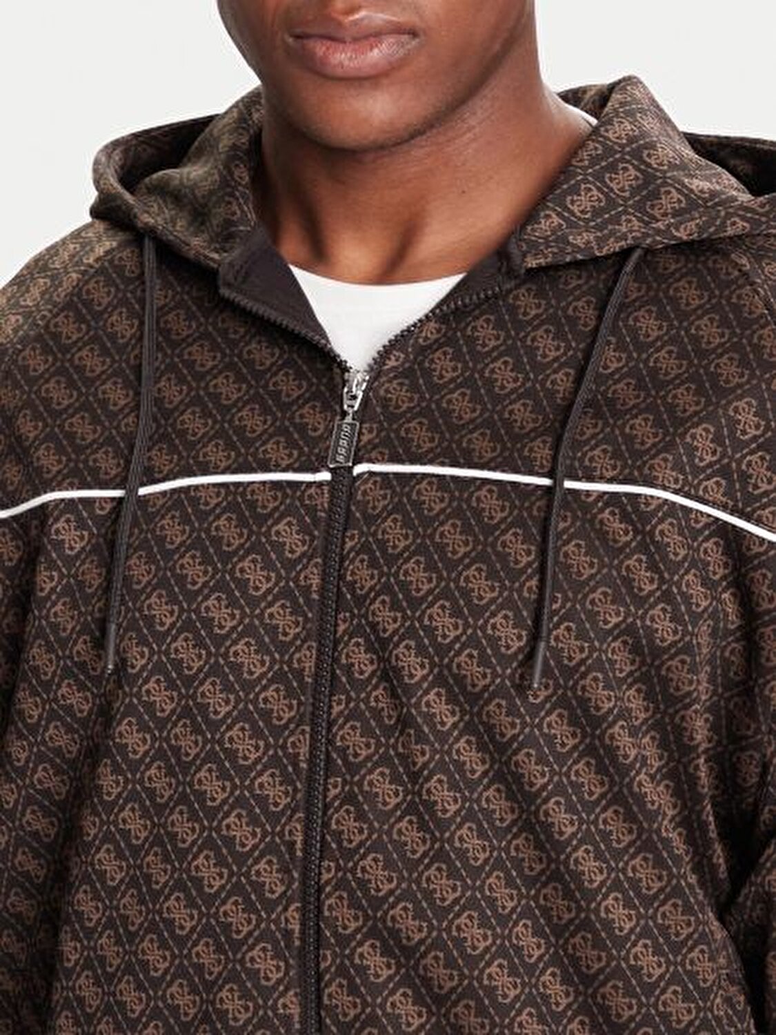 KAHVERENGİ BASKILI FERMUARLI KAPÜŞONLU ERKEK SWEATSHIRT