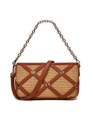 BORSA RAFFIA NAT+PU CUOIO+STUDS ORO