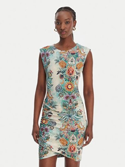 MAVİ - BEJ DESENLİ KADIN ELBİSE