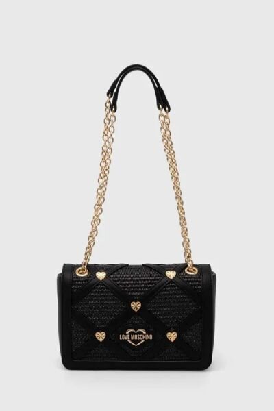 BORSA RAFFIA +PU NERO+STUDS ORO