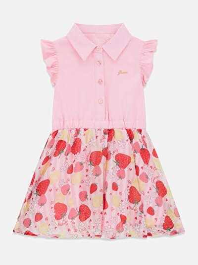 PEMBE LOGOLU DESENLİ KIZ ÇOCUK ELBİSE