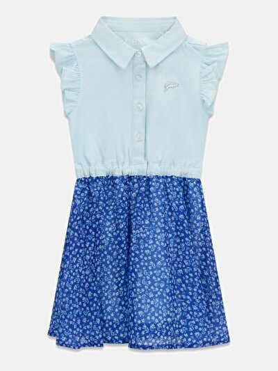 MAVİ LOGOLU DESENLİ KIZ ÇOCUK ELBİSE