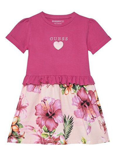 PEMBE LOGOLU DESENLİ KIZ ÇOCUK ELBİSE