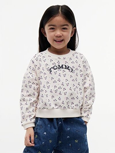 BEJ ÇİÇEKLİ LOGOLU KIZ ÇOCUK SWEATSHIRT