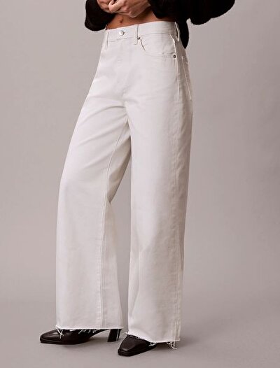 RAW HEM CHALK BEYAZ KADIN WIDE LEG JEAN PANTOLON