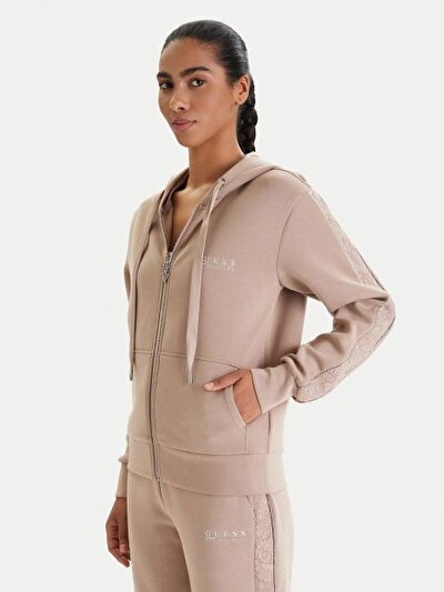 BEJ LOGOLU FERMUARLI KAPÜŞONLU KADIN SWEATSHIRT