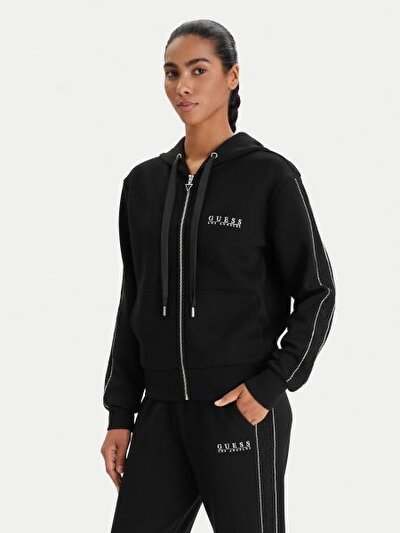 SİYAH LOGOLU FERMUARLI KAPÜŞONLU KADIN SWEATSHIRT