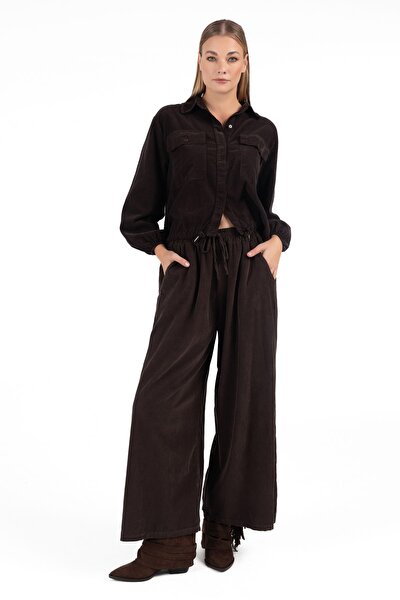 KAHVE KADIN GENİŞ PAÇA PANTOLON