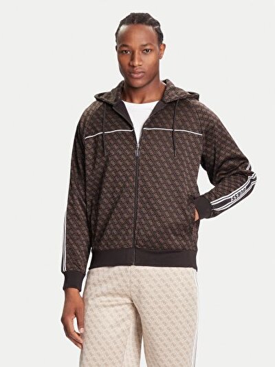 KAHVERENGİ BASKILI FERMUARLI KAPÜŞONLU ERKEK SWEATSHIRT